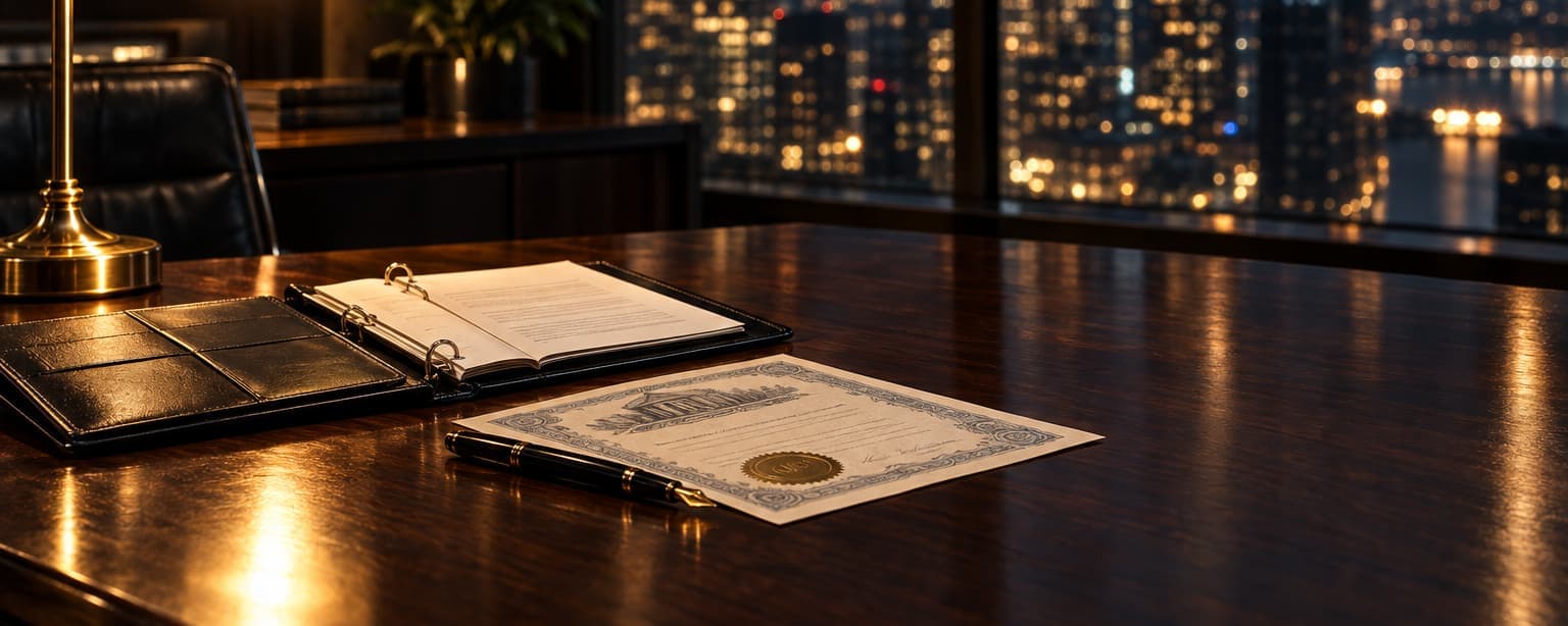 A dark wood desk at night under a brass lamp with an open black binder beside a share certificate, a company seal and a fountain pen