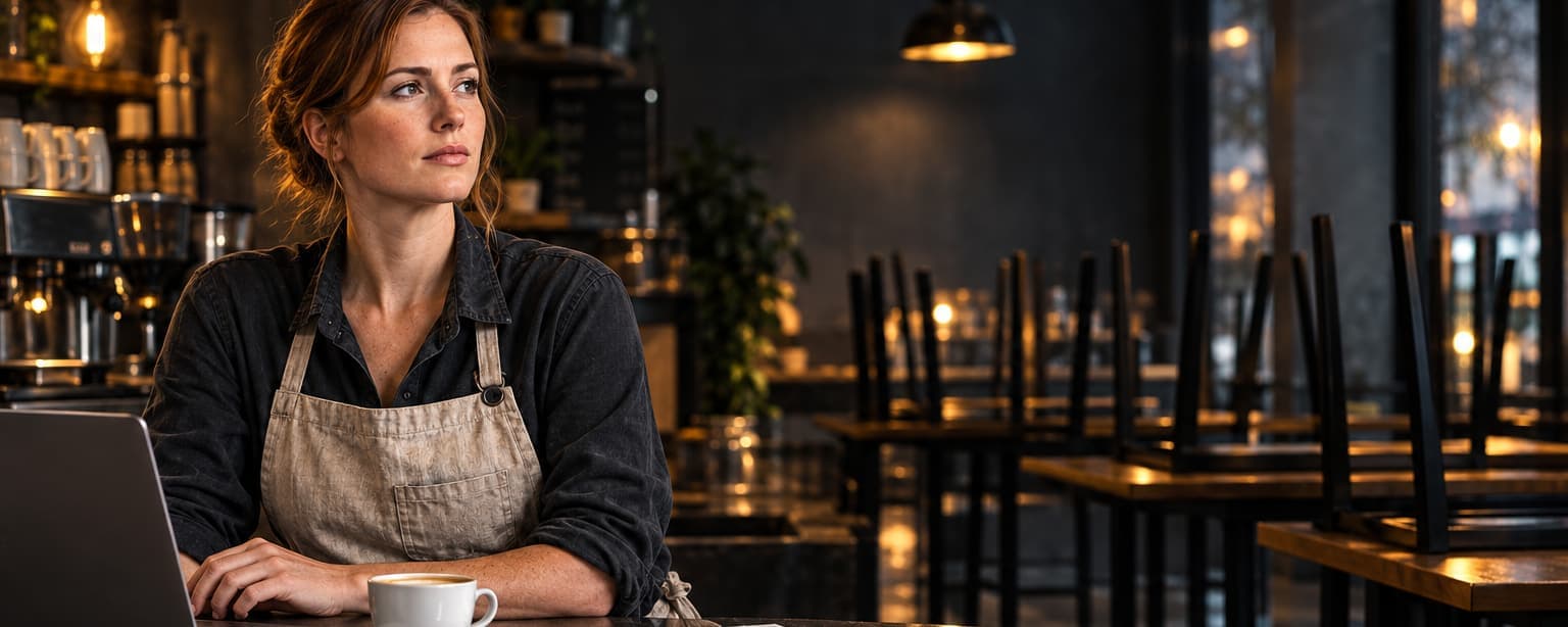A cafe owner in her thirties sitting at the counter after closing with a laptop open and printed pages beside a coffee cup, chairs up on the tables behind her
