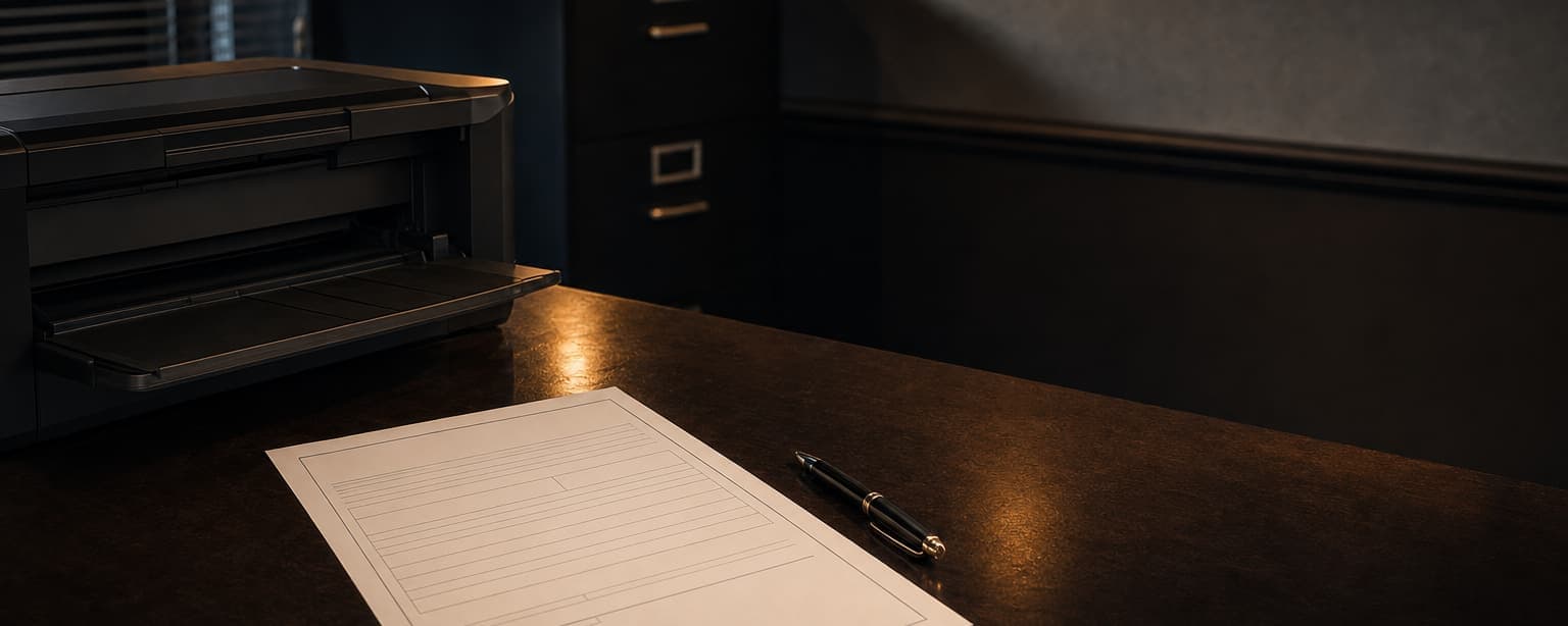 A blank certificate of liability form on a desk beside a printer with the tray half open and a pen, a plain small office at night