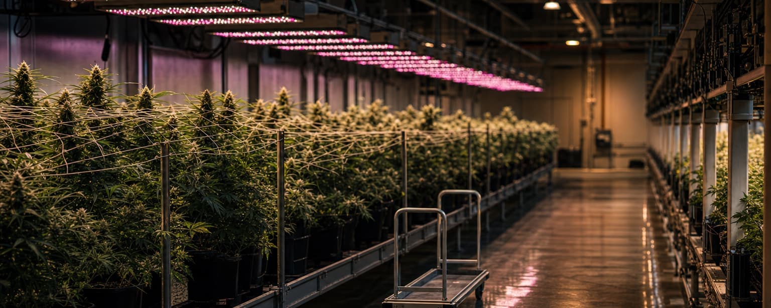 A cannabis cultivation room with long rows of plants under magenta and white grow lights, trellis netting stretched over the canopy and a rolling bench down the wet aisle