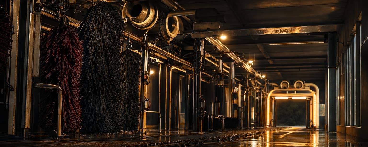 An automatic car wash tunnel at night, the brushes and blowers lit down its length with water pooling on the floor and the entry arch glowing at the far end
