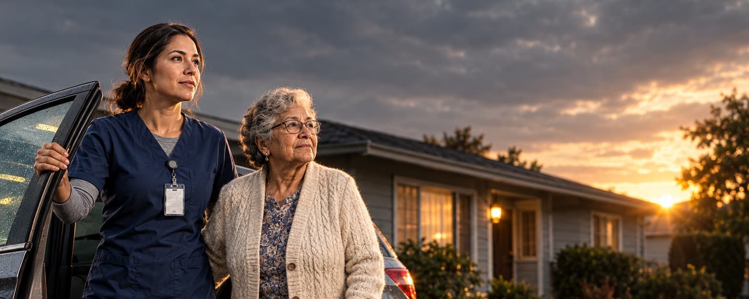 A home care aide in scrubs holding open the door of her own car for an older woman with a cane outside a single-story house at sunset