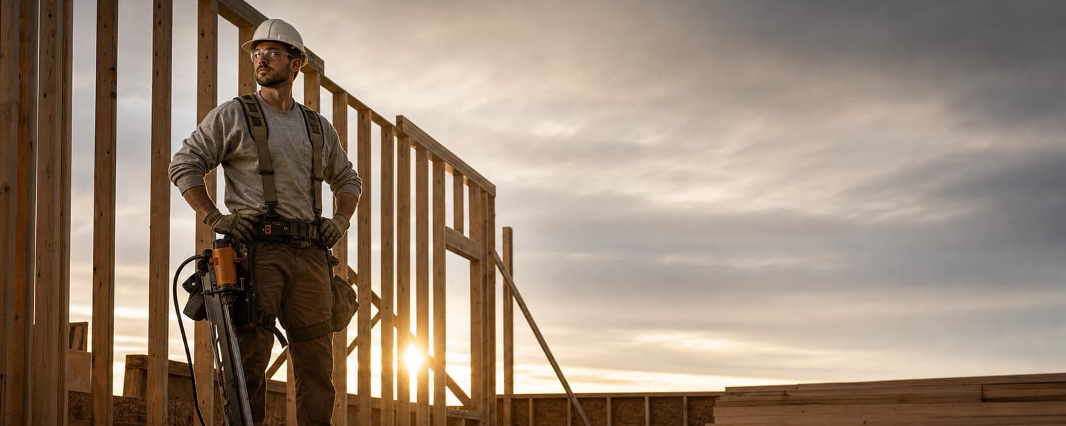 A framing carpenter with a nail gun hanging at his hip standing on the deck of a half-framed house, stud walls up around him and low sun behind the framing
