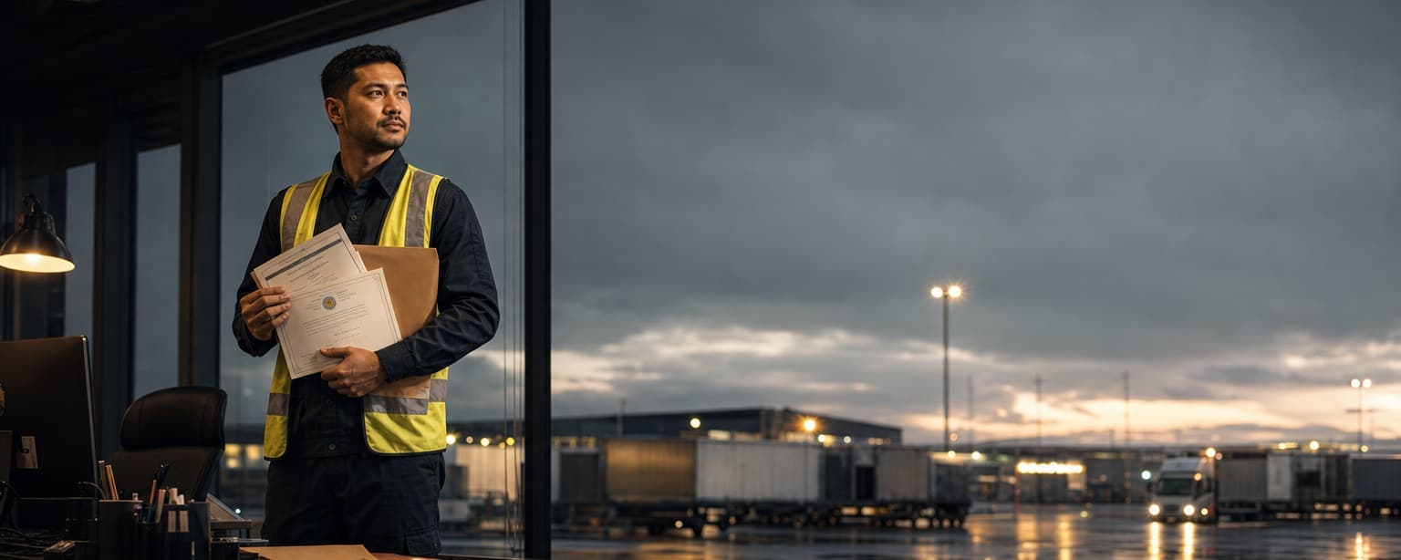 A dispatcher assembling a carrier setup packet at a desk with a signed agreement and a certificate in his hands, a lit terminal yard beyond the window