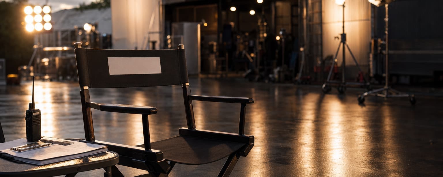 Two empty director’s chairs on a wet backlot at night, lighting stands and grip gear behind them, a radio and call sheets on a folding table