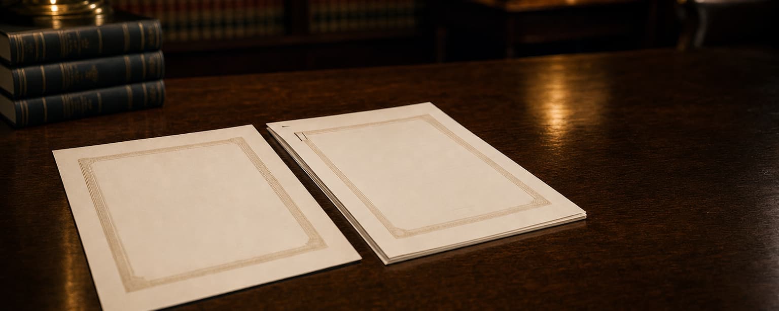 An open document under a desk lamp beside a stack of bound books on a dark wood desk, shelving receding into shadow