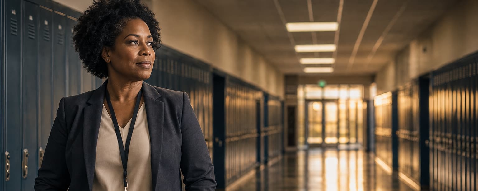 A charter school principal in a blazer and school lanyard in a long hallway lined with lockers early in the morning, the glass entrance doors lit at the far end