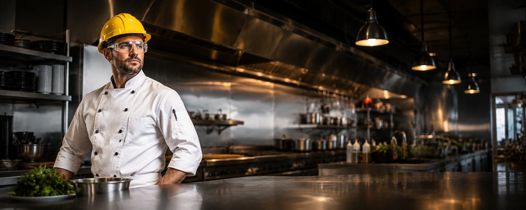 A chef in a hard hat and safety glasses in a commercial kitchen