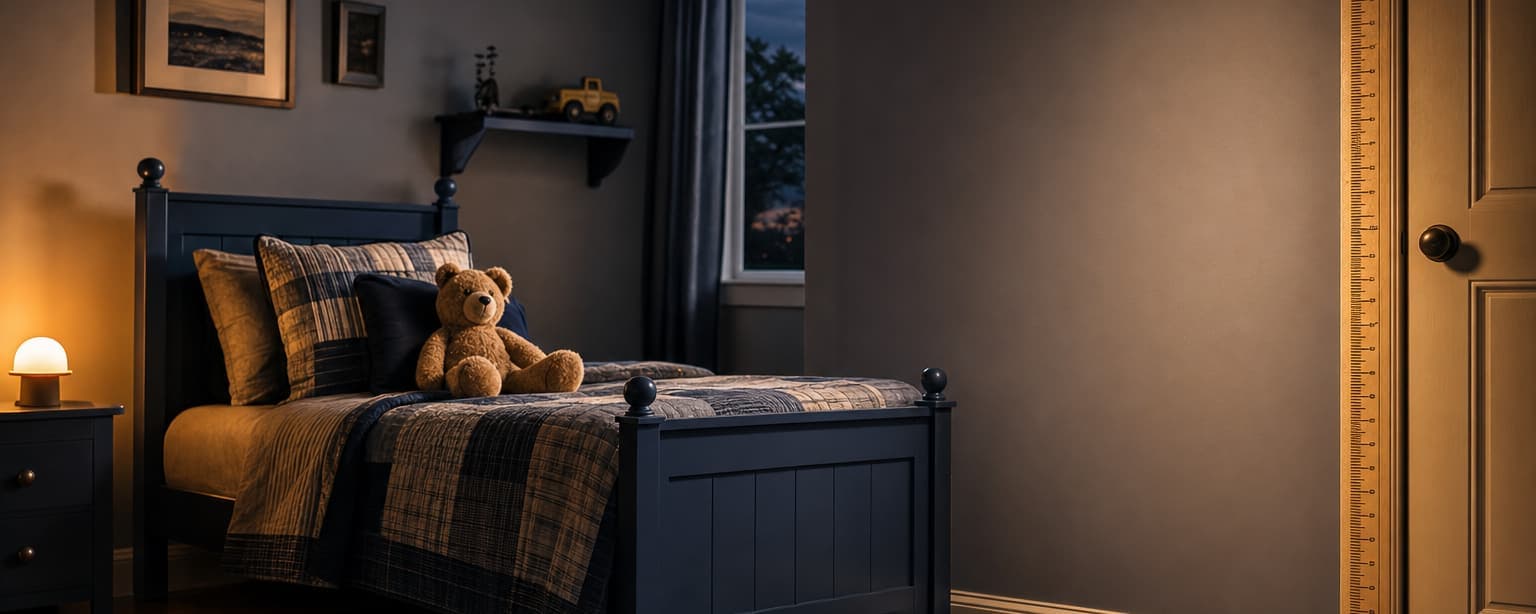 A child’s bedroom at night with a navy bed, plaid bedding and a teddy bear, a small lamp lit on the nightstand and a window beyond