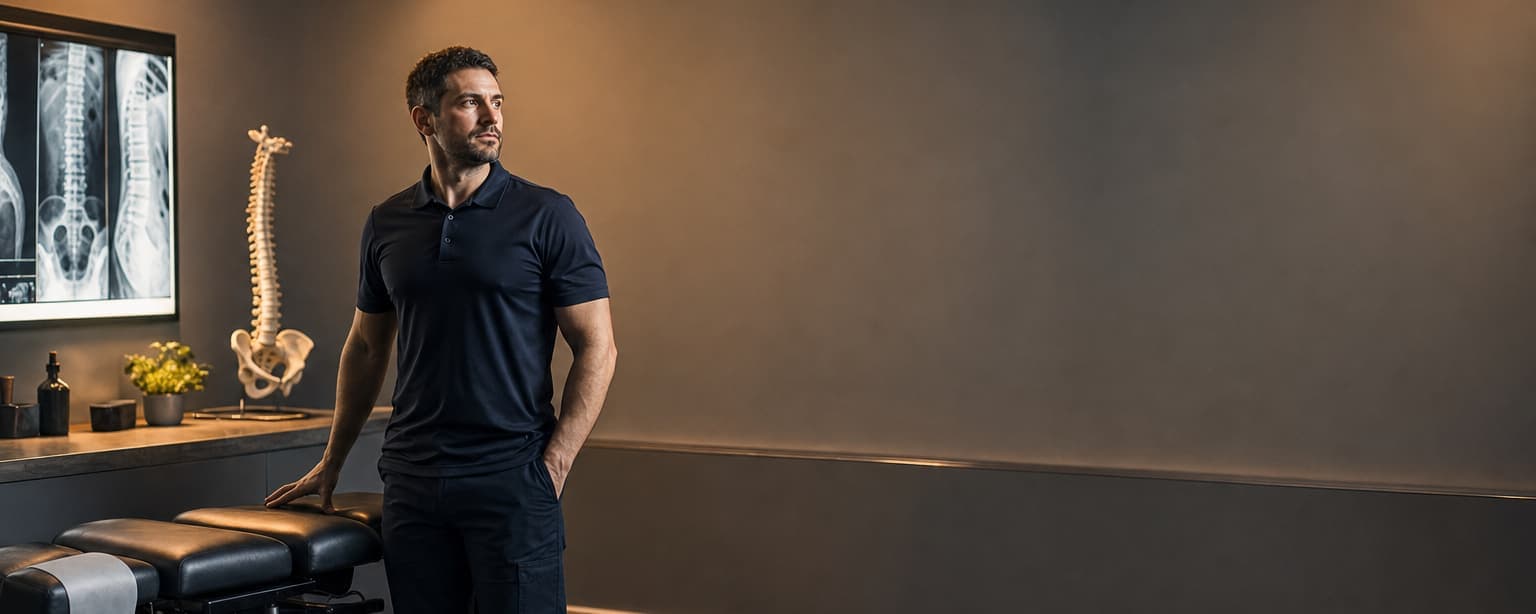 A chiropractor in a polo shirt standing beside a padded drop table in a treatment room, a spine model on the counter and a lightbox of spinal images on the wall