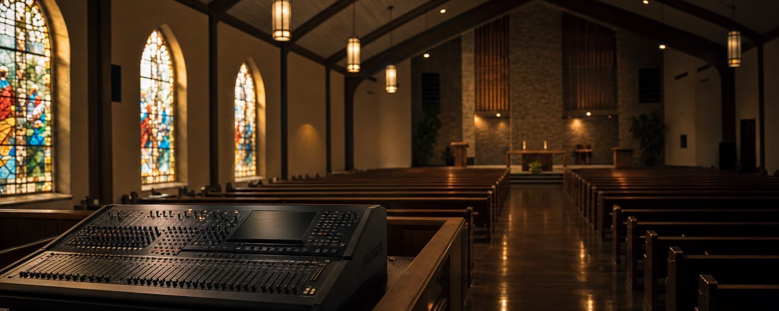 A church sanctuary before a service, empty pews facing a simple altar and lectern, stained glass catching the last evening light and a sound desk in the foreground