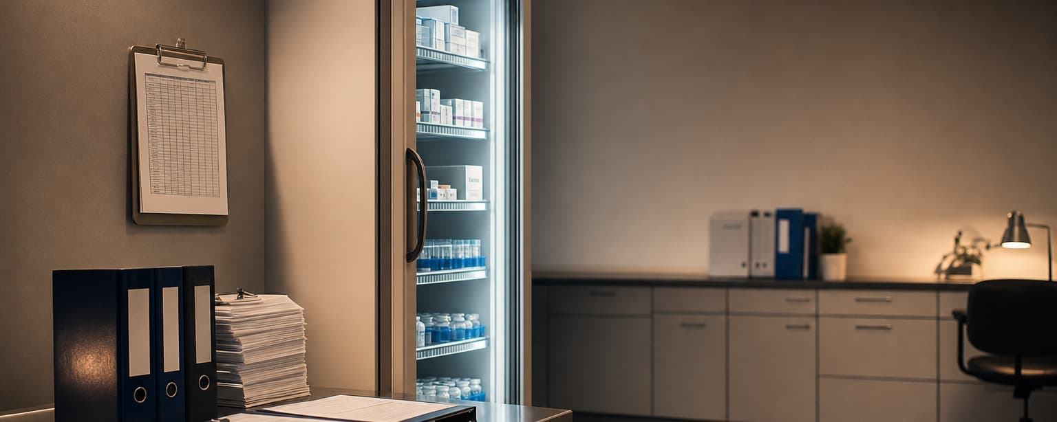 A clinical storage room with a glass-front refrigerator of labeled vials, ring binders and a stack of forms on the counter, a clipboard on the wall