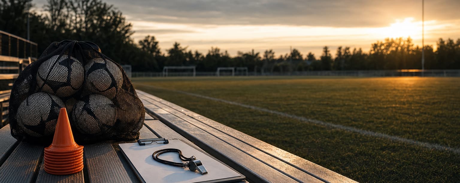 A mesh bag of soccer balls, a training cone and a clipboard with a whistle on a bench beside a marked field at sunset
