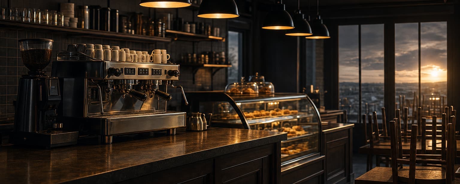 A coffee shop at dawn before opening, espresso machine and grinder on the bar with cups stacked on top, the pastry case lit and chairs still upturned on the tables
