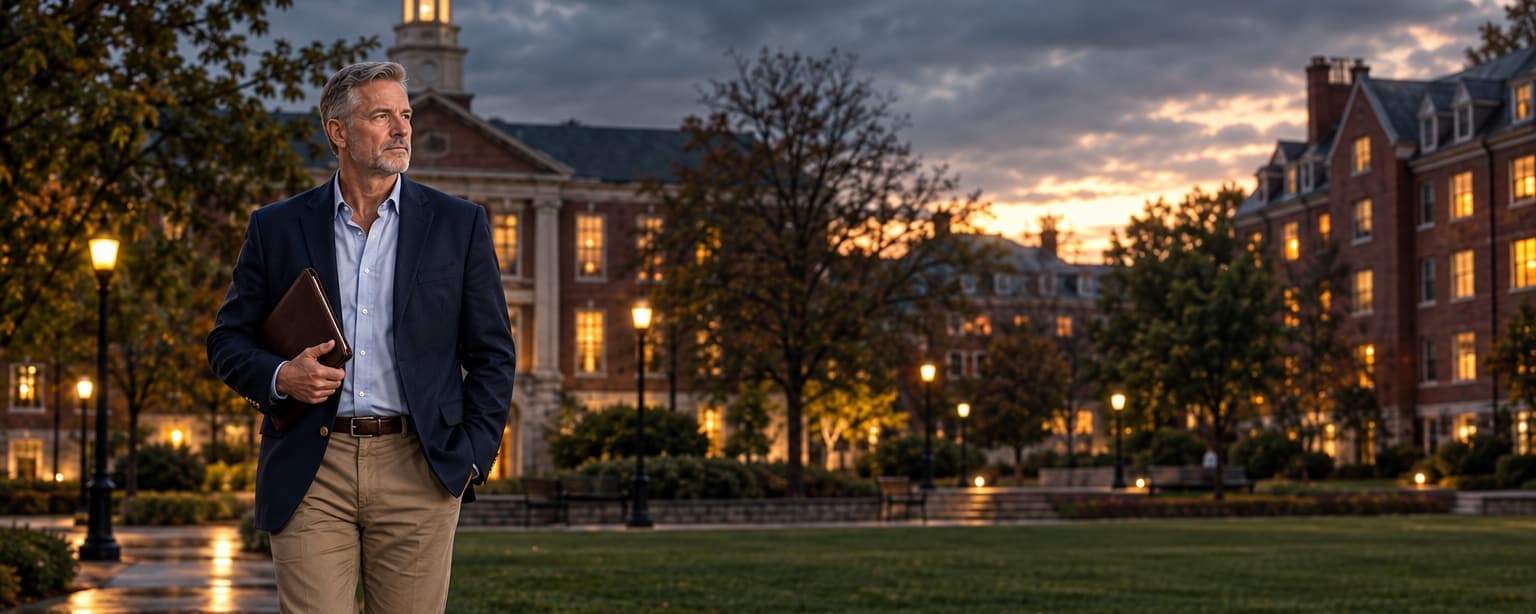 A dean of students with a short gray beard and a navy blazer walking across a small private college quad at dusk with a folder under his arm, brick academic buildings with lit windows behind him and a residence hall at the edge of the lawn