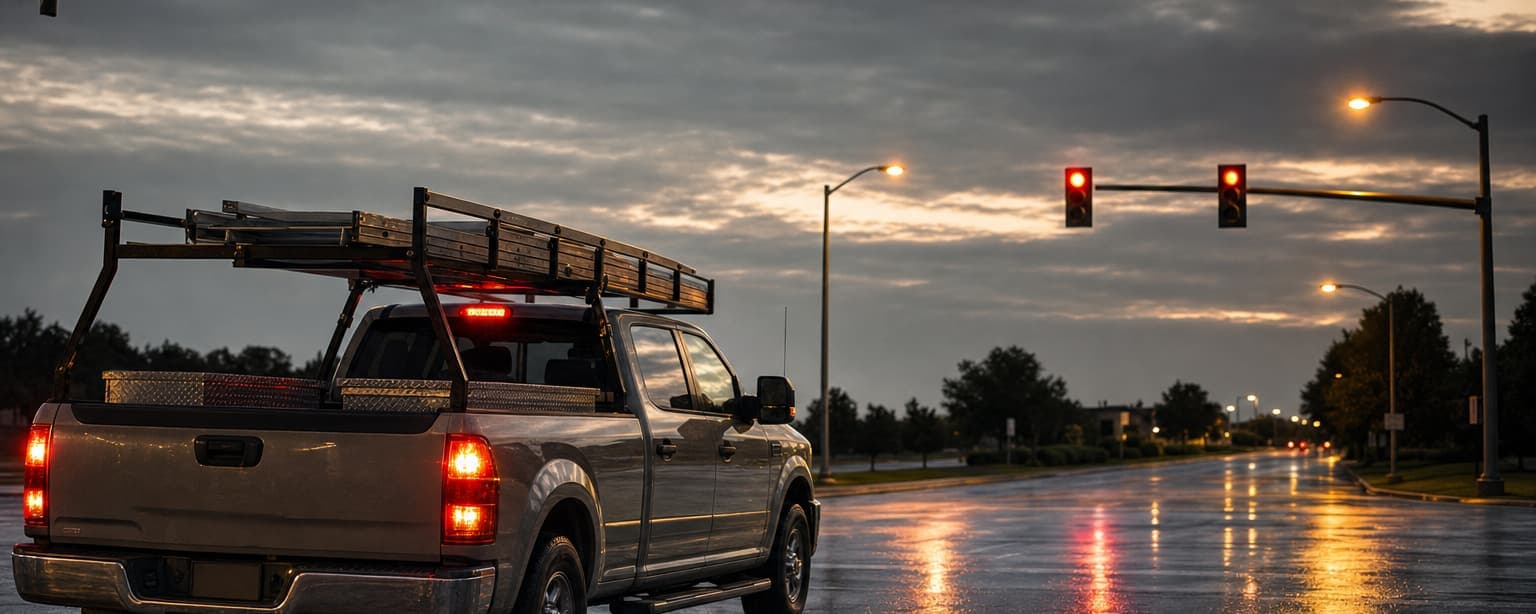 A pickup with a loaded ladder rack waiting at a wet intersection under a traffic signal at dusk, brake lights reflecting off the road