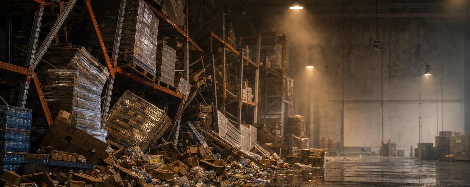 Collapsed warehouse racking with pallets and stock spilled across the floor, the far end of the building still lit and intact
