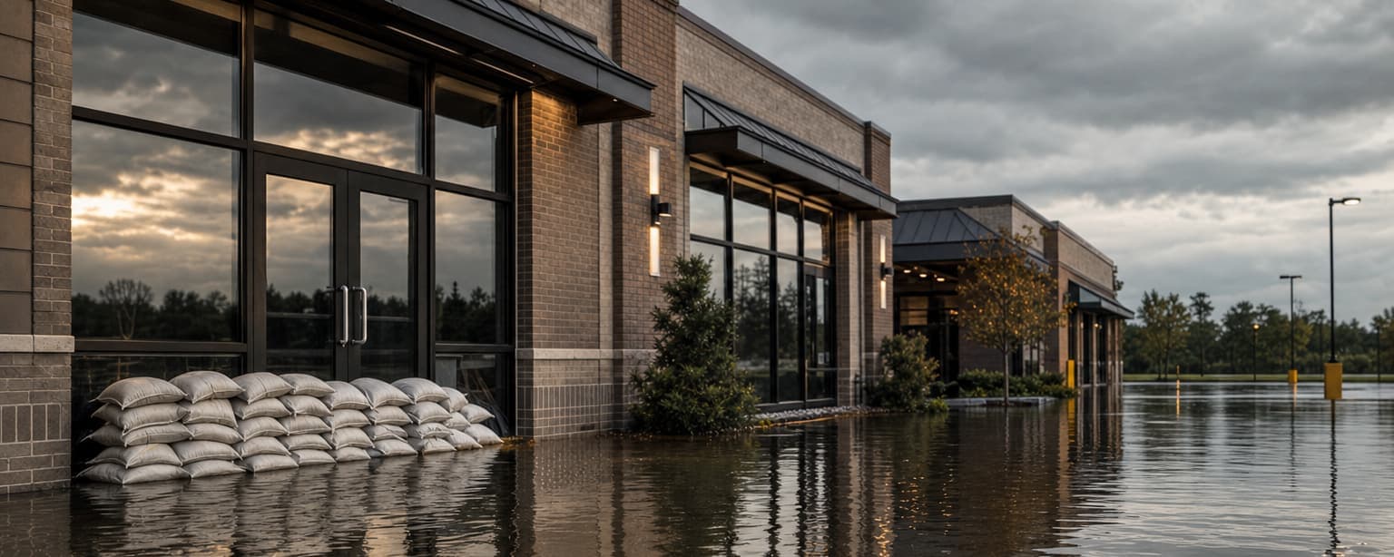 A retail strip with standing water across the parking lot and a wall of sandbags stacked against the entrance doors under a heavy sky