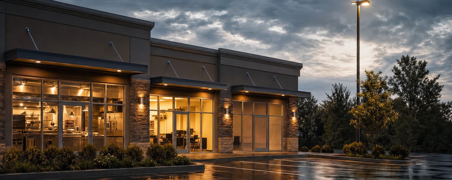 A small multi-tenant commercial building at dusk, two ground-floor units lit and a vacancy sign in the third window, the shared parking lot wet under a pole light