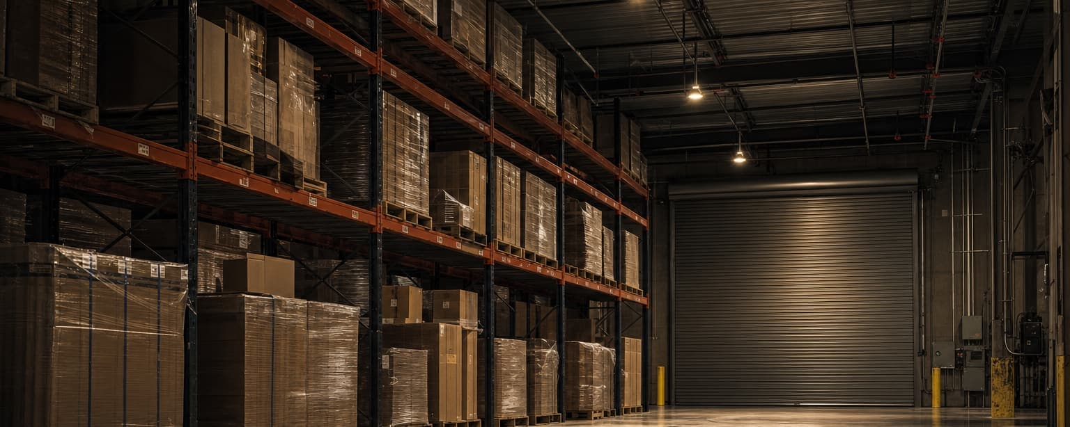 A warehouse aisle of racking stacked with cartons under high bay lights, a closed dock door at the far end