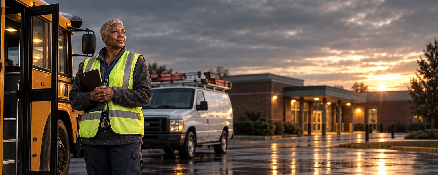 A Head Start bus monitor in a high-visibility vest standing beside a yellow school bus with its door open outside a community action agency at early morning, a weatherization crew van with ladders parked behind her