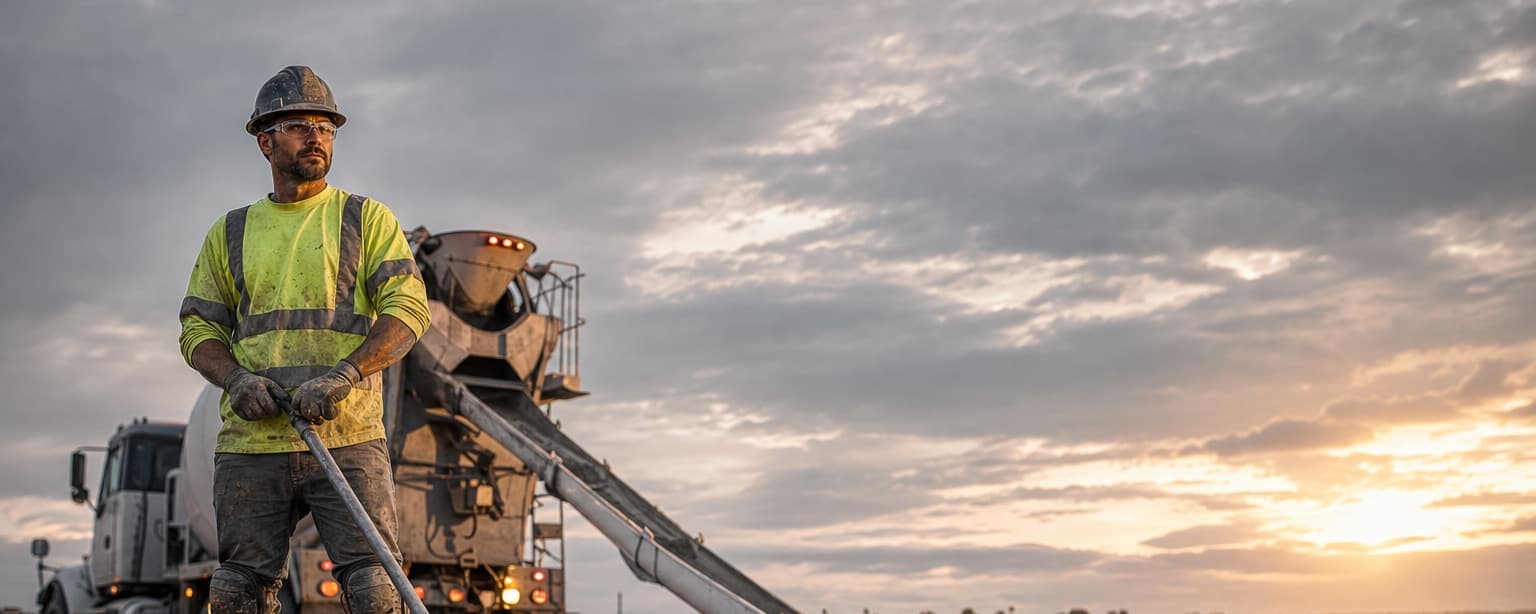 A concrete finisher in rubber boots and knee pads holding a bull float on a freshly screeded slab, a ready-mix truck pouring down its chute behind him at sunrise