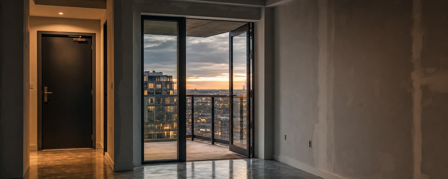An empty condominium interior at dusk with an open balcony slider, city lights beyond and bare walls waiting for a tenant