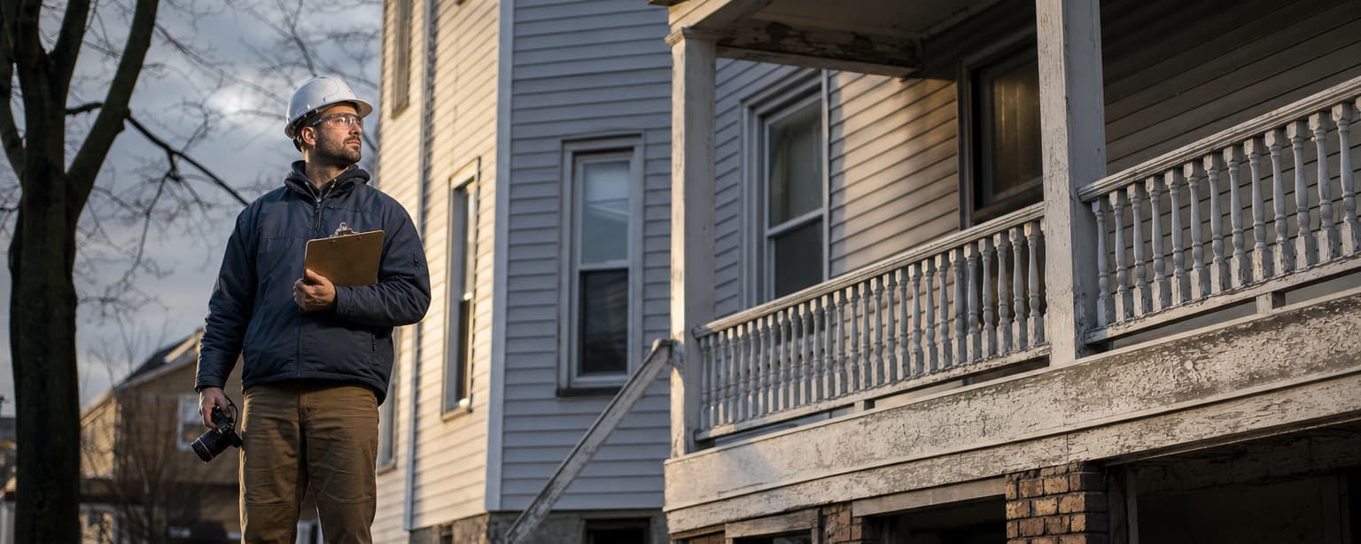 A three-family clapboard house on a Bridgeport street in late winter, peeling paint on the porch, a property inspector with a clipboard photographing the foundation