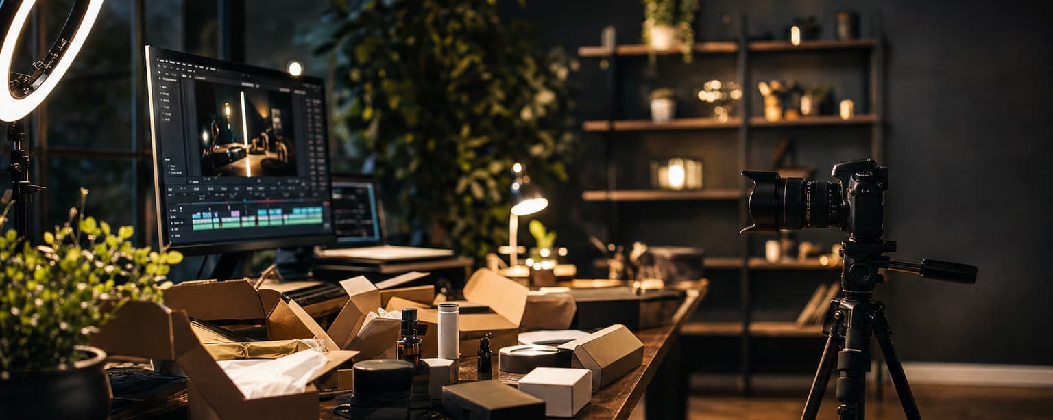 A creator’s home studio at night, brand-deal product boxes and packing materials open across a desk, a camera on a tripod aimed at a styled shelf corner and an edit timeline glowing on the monitor