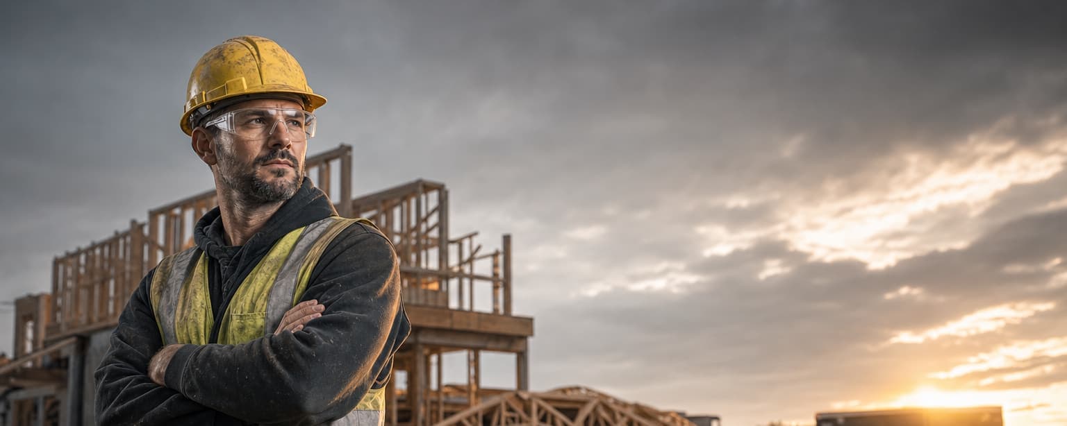 A contractor in a hard hat and hi-vis vest standing with arms folded on a residential framing site at sunset, stacked roof trusses behind him and a pickup with a job trailer on the wet lot