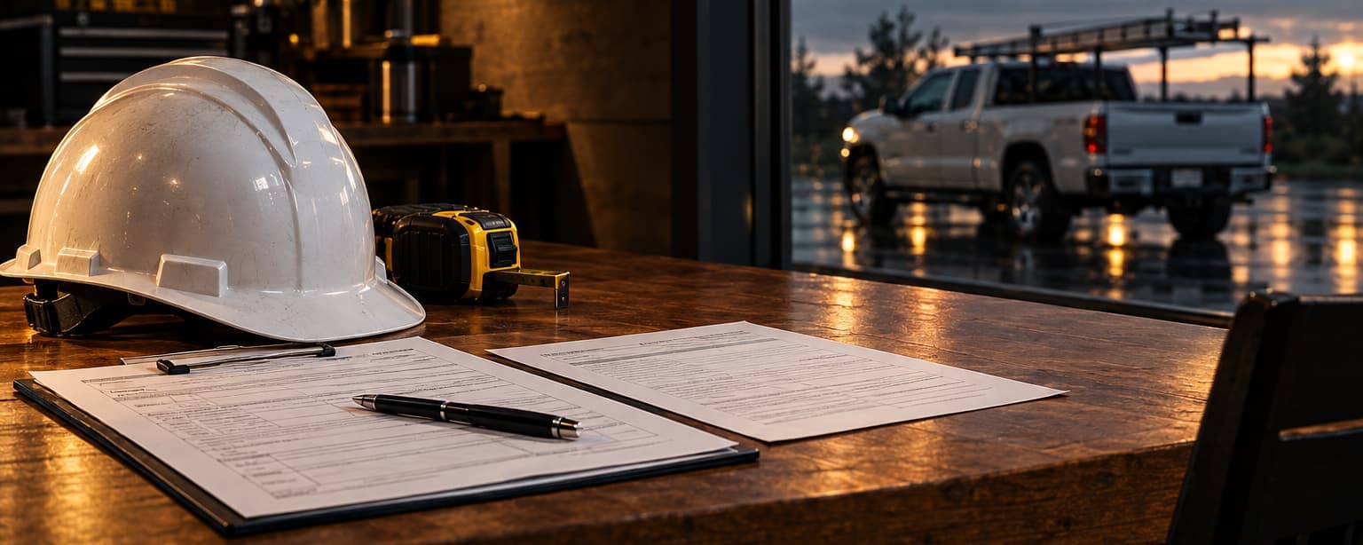 A license application and a bond form on a wooden table under a pen, a white hard hat and a tape measure beside them, and a pickup with a ladder rack parked outside the window at dusk