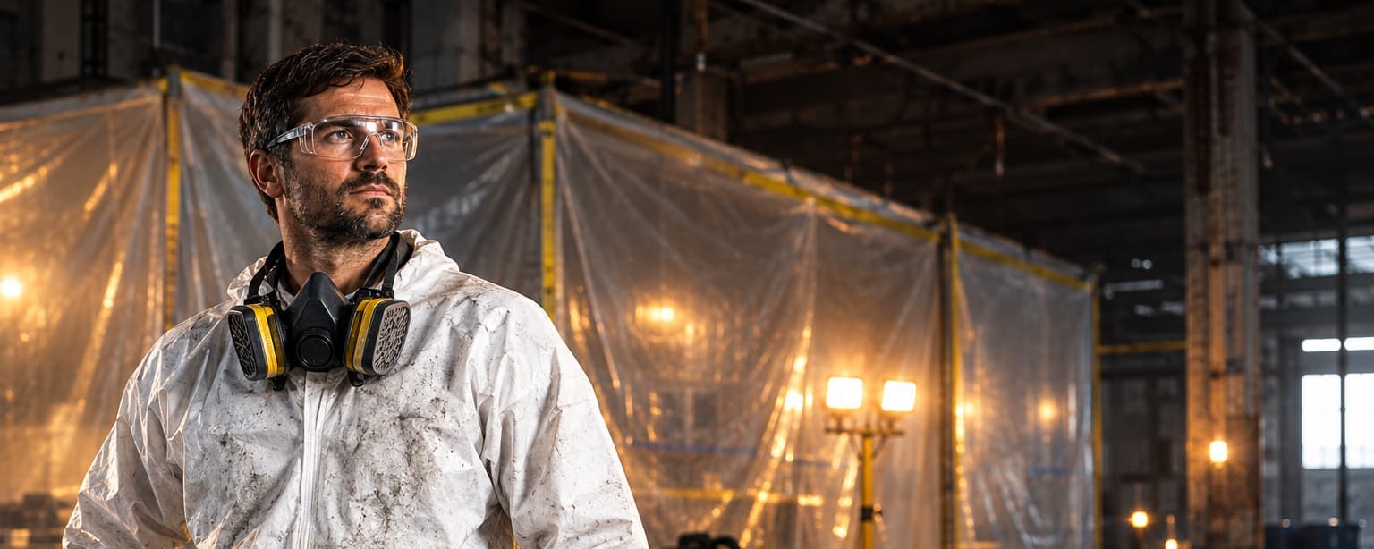 A demolition contractor with a respirator hanging at his neck in coveralls outside a plastic-sheeted containment area in an old industrial building, work lights glowing