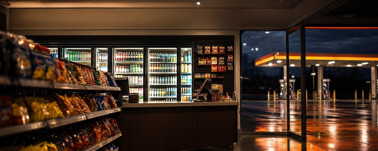 A convenience store interior at night, lit beverage coolers along the back wall, snack aisles and a service counter with a rack behind it, the fuel canopy glowing through the window
