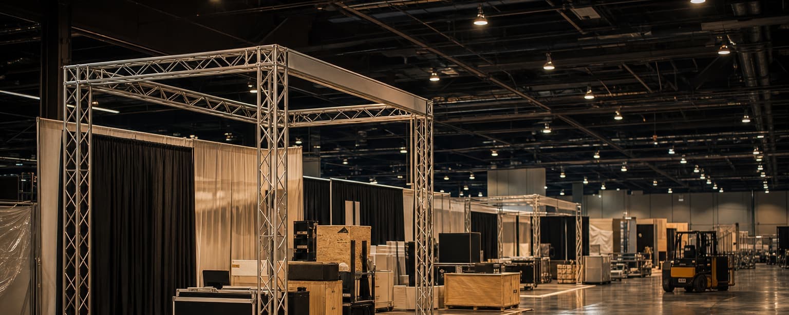 A convention hall during booth build, half-erected exhibit stands with truss and pipe-and-drape and a forklift and crates down the aisle under high bay lights