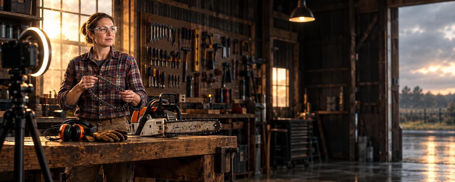 A woman in a plaid shirt and safety glasses in a barn workshop holding a chainsaw chain over a workbench, a chainsaw, ear defenders and gloves on the bench and a camera with a ring light filming her from the foreground