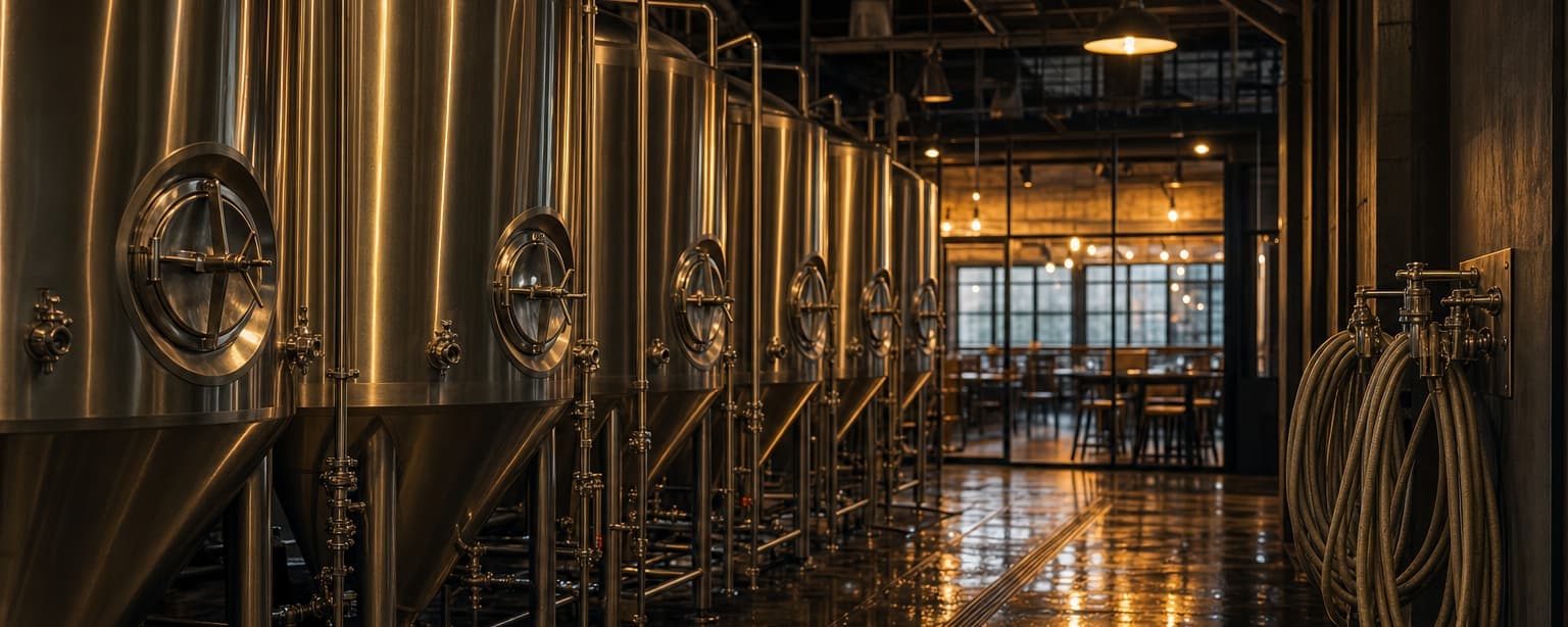 A craft brewery cellar, stainless fermenters in a row with hoses coiled at a hose station, a wet floor with drain channels and the taproom glass glowing beyond