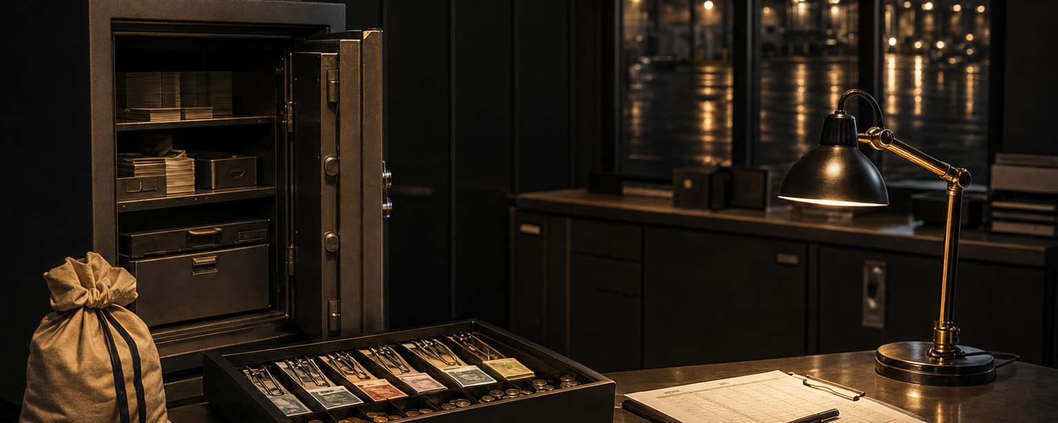An open floor safe beside a canvas cash bag and a tray of banded notes on a desk, a lamp lit and city lights through the window
