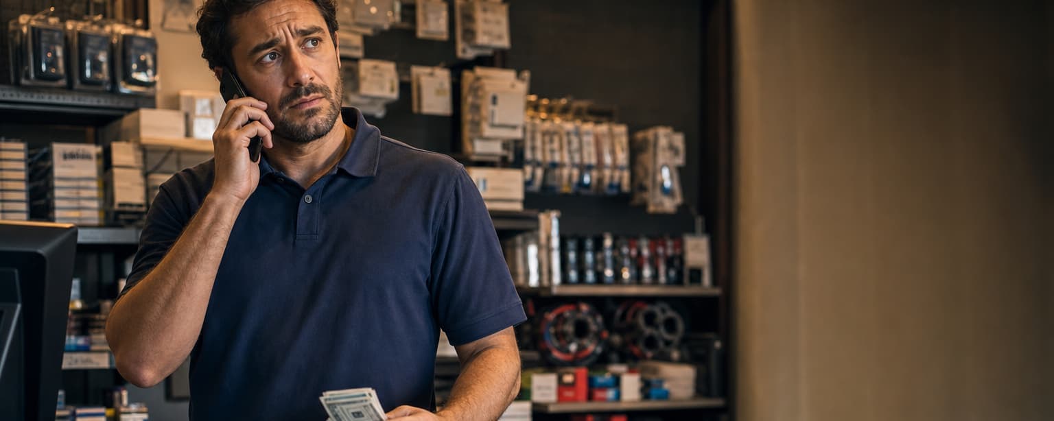 A worried shop employee in a polo shirt behind a retail counter, a phone held to his ear and a small stack of cash in his other hand, a till beside him and shelves of stock behind