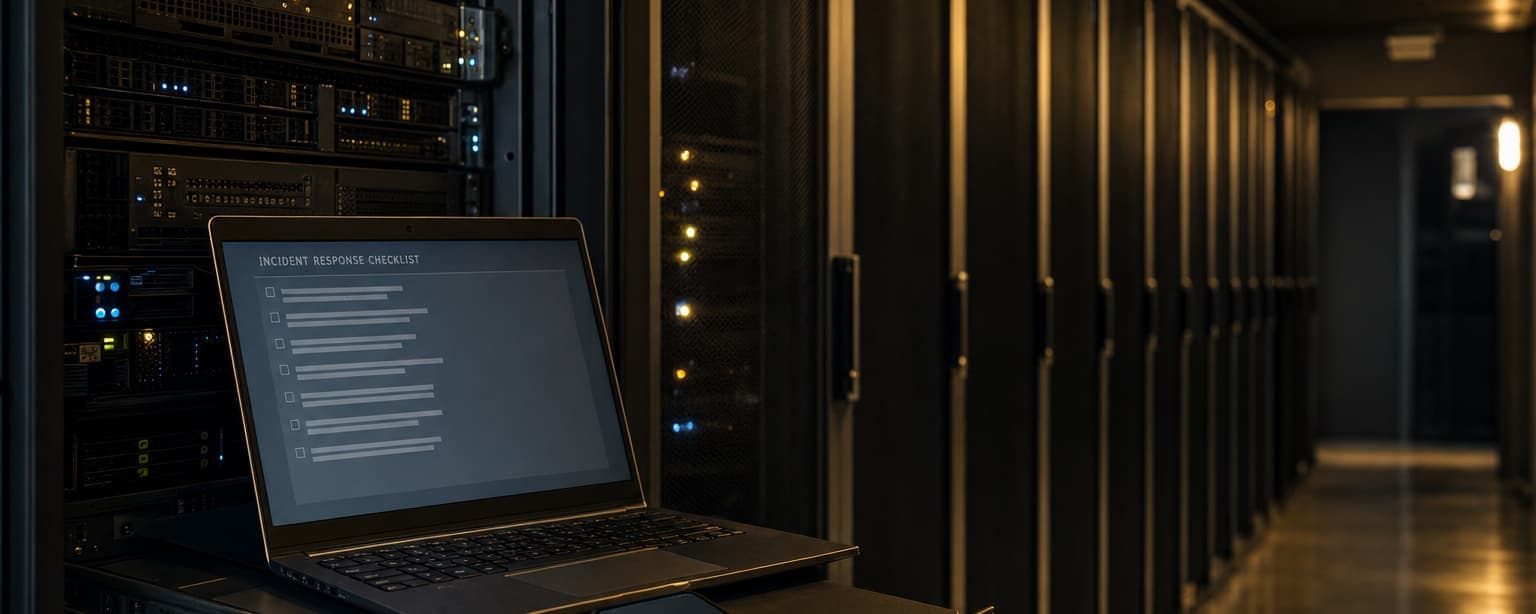 A laptop open on a rack rail in a data center aisle showing an incident response checklist, server lights receding into the dark