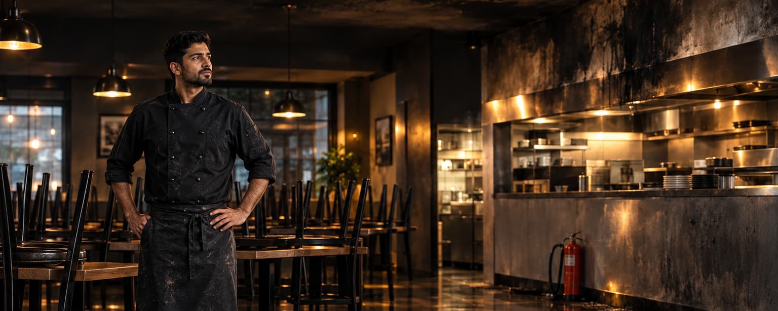 A young restaurant owner in a black chef jacket standing after hours in his empty rented dining room looking at a smoke-stained wall beside the kitchen pass, a fire extinguisher on the floor