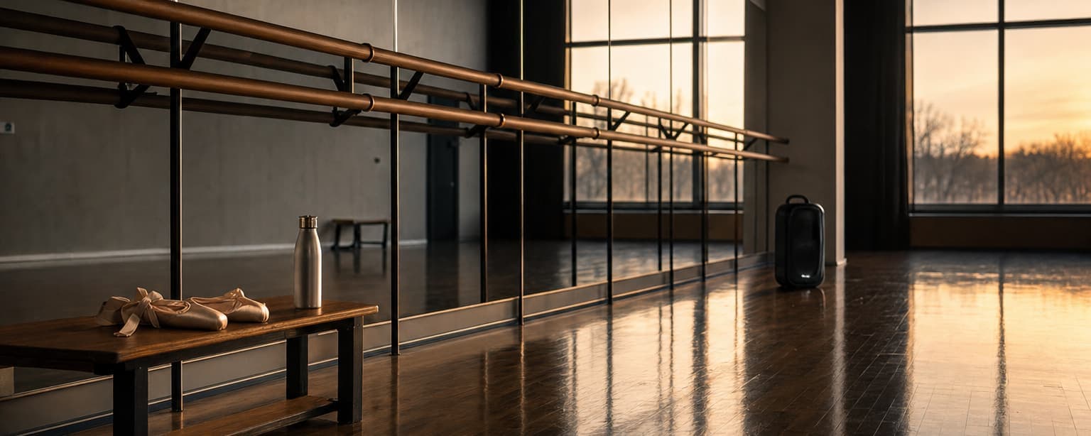 A dance studio with mirrored walls and barres, a bench holding pointe shoes and a water bottle, low sun through the far windows