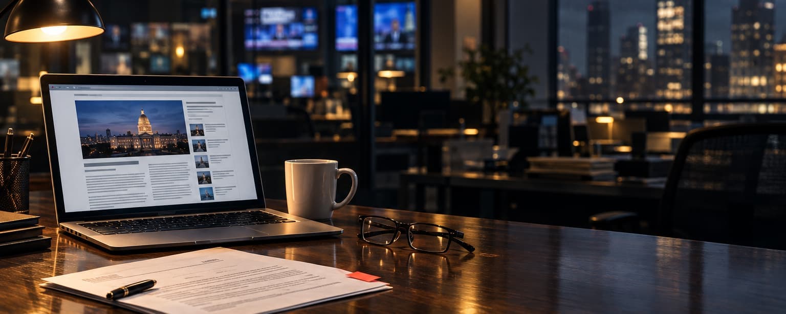 A newsroom desk at night, a laptop open on a published article beside a printed draft with a pen on it, reading glasses and a coffee mug, monitors and a city skyline out of focus behind