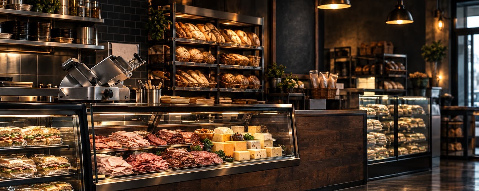 A deli counter before opening, meats and cheeses behind glass, a slicer, bread racks, a chalkboard menu and wrapped sandwiches in a cooler