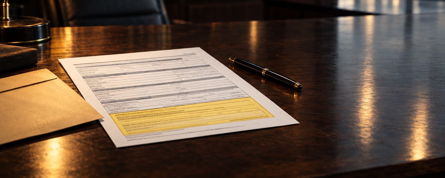 A certificate of liability insurance on a dark desk under a lamp with the large text box near the bottom highlighted in yellow, an envelope and a pen beside it