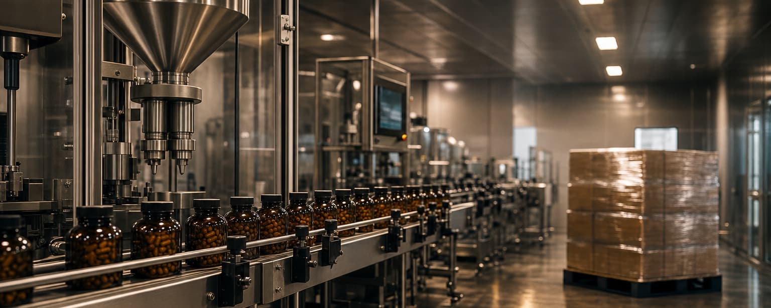 A supplement production room, capsule bottles advancing along a filling and capping line with a pallet of sealed cartons shrink-wrapped and ready to ship at the end