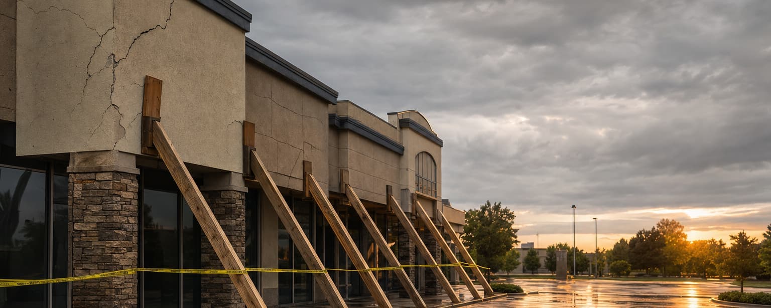 A cracked masonry facade held up by raking timber shores with caution tape strung across the frontage at sunset