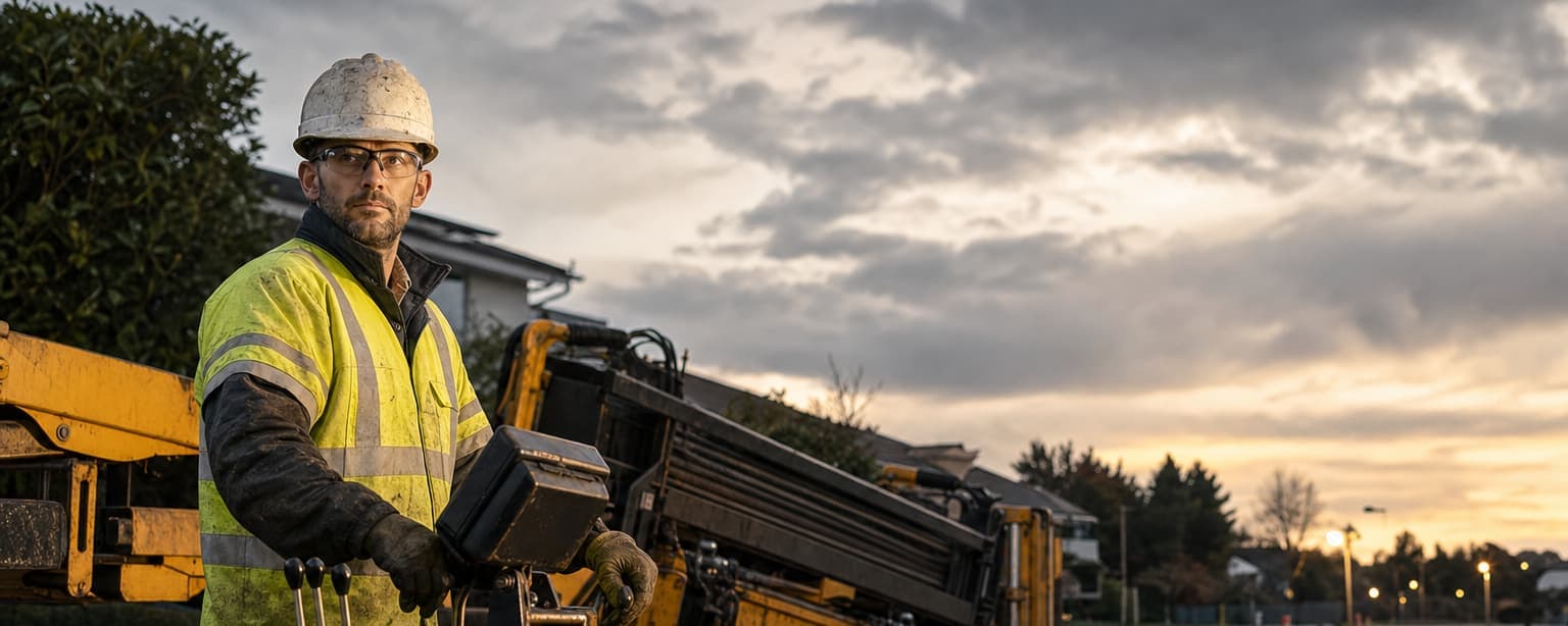 An operator in a hard hat and hi-vis at the control station of a tracked directional drill on a residential street at dawn, the drill frame angled into the ground and cones set out along the wet road