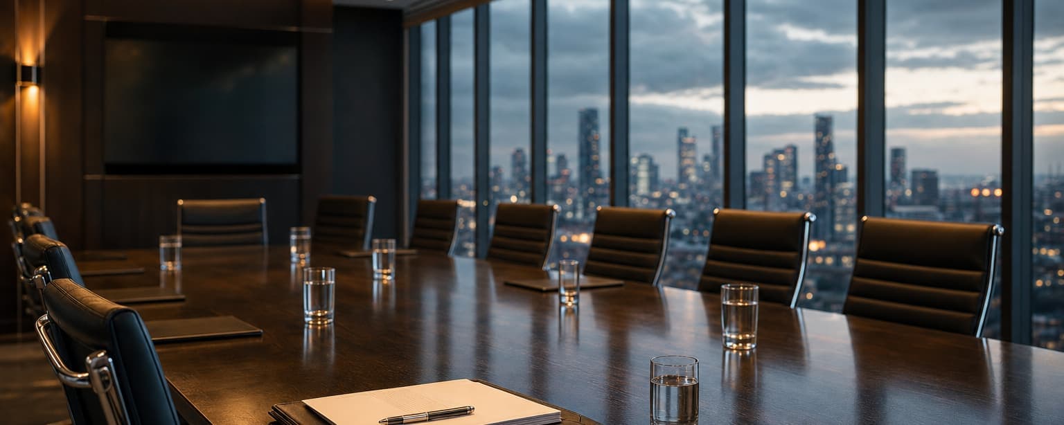 An empty boardroom at dusk with a long table, water glasses set at each place and a wall of glass onto the city