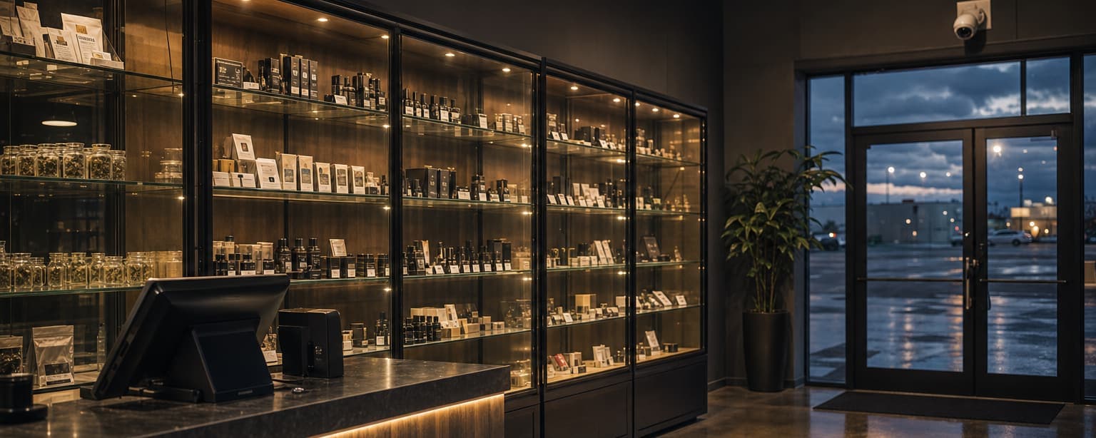 A cannabis dispensary retail floor after closing, lit glass display cases along the wall, a closed point-of-sale counter and a security camera above the door
