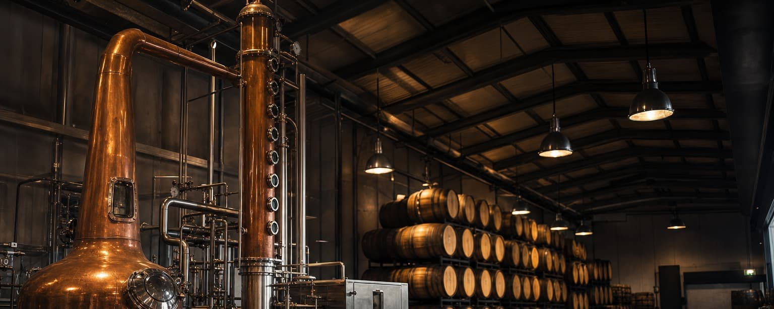 A distillery still house, a copper pot still and rectifying column with a spirit safe in front and barrels racked in the warehouse beyond under warm lighting